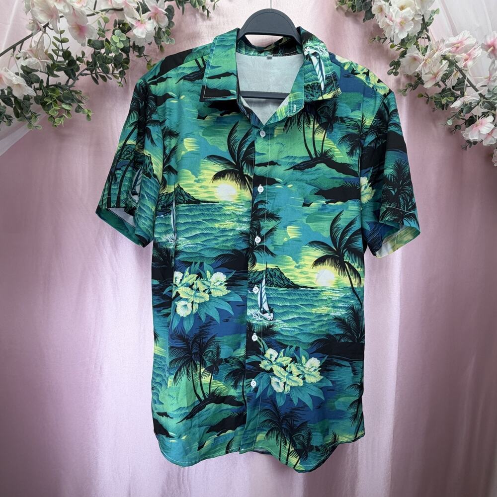 Tropical Floral Short Sleeve Button-Up Shirt Blue Green Yellow Palm Trees Boat